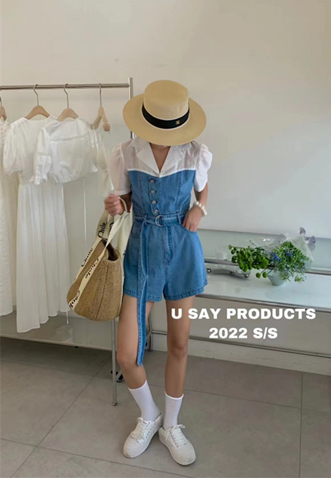 [u say] design sense splicing versatile Jumpsuit (with belt) 66005# LSL