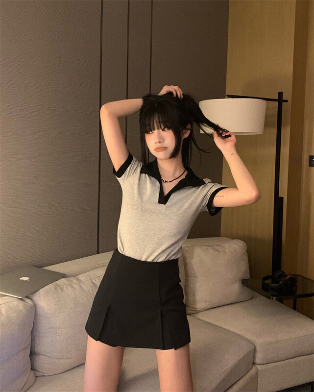 [L.L studio] Korean Polo neck shirt + high waist skirt set 7333# PCZ