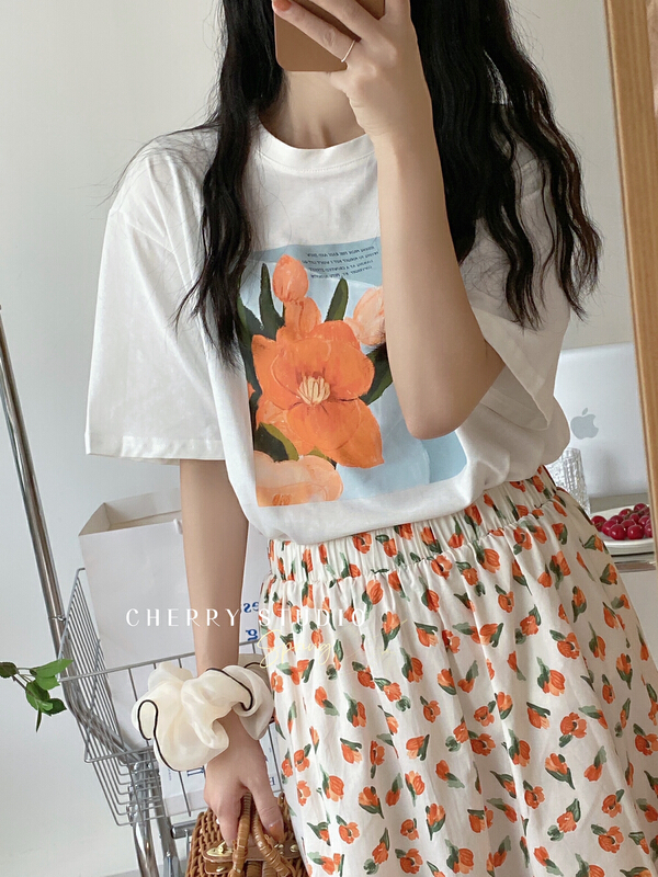 [cherry studio] three dimensional oil painting print flower short sleeve T-shirt 5064# HBx