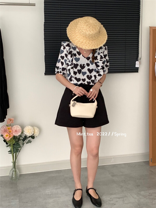 [mint tea] Korean V-neck love printed shirt 22919# zjy