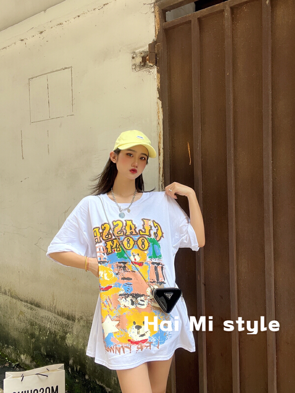 [Haimi] Korean loose bear graffiti hand printed short sleeved T-shirt (T-shirt only) 1853# WTT