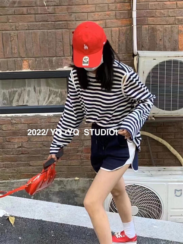 [yyq] Korean stripe long sleeve + comfortable casual Shorts Set 1019# L