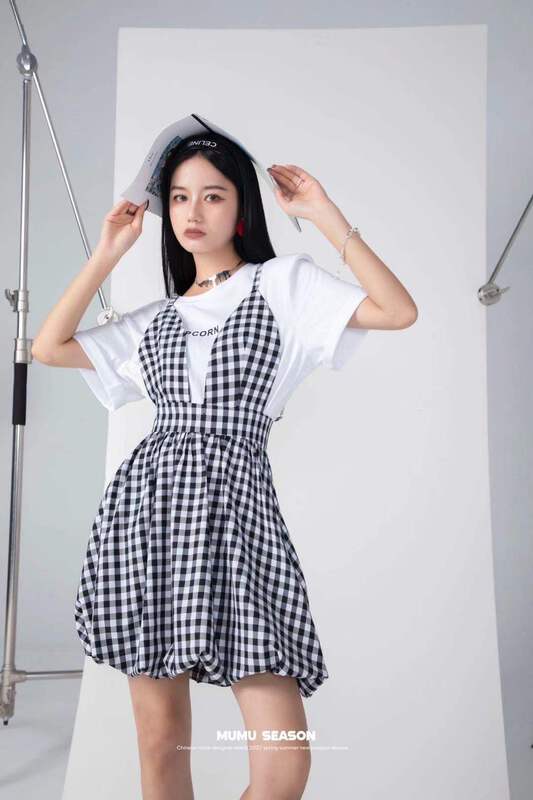 [Mumu season] letter printed short sleeve T-shirt + checkered fashion dress set 9150# zxl