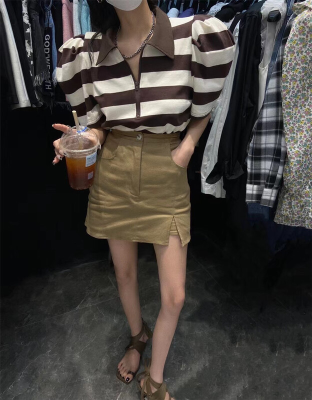 [buyer's choice - God of wealth] polo collar contrast stripe bubble sleeve short sleeve T-shirt 1533# Cl
