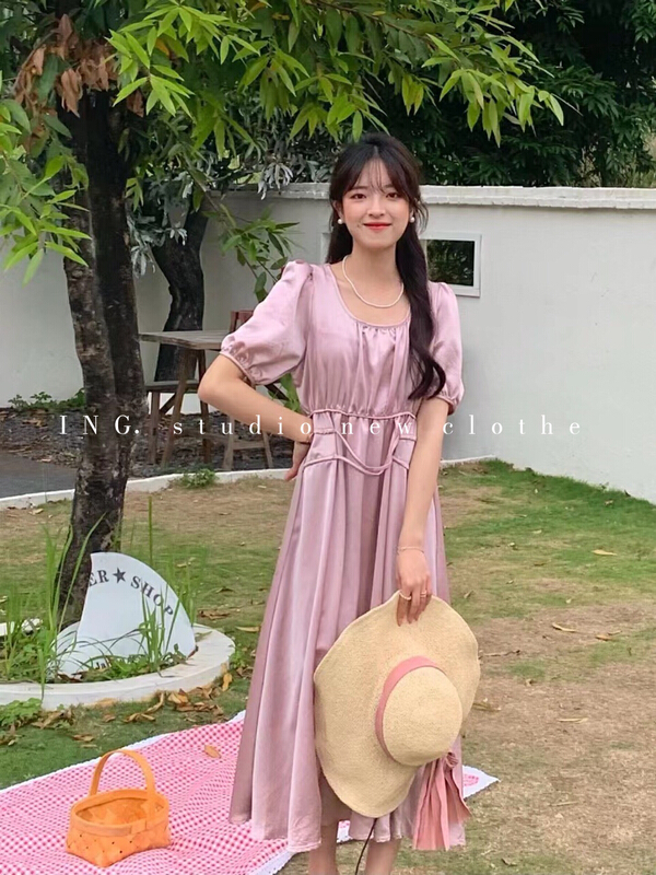 [ing] Vintage square collar waist strap temperament dress 6939# HBx