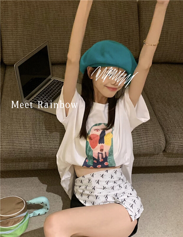 [Meet Rainbow] printed crew neck loose short sleeve T-shirt 08112# LSL