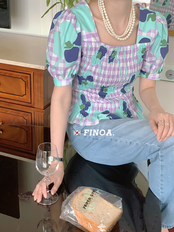 [finoa] Korean style square collar printed shirt 1130# CLS