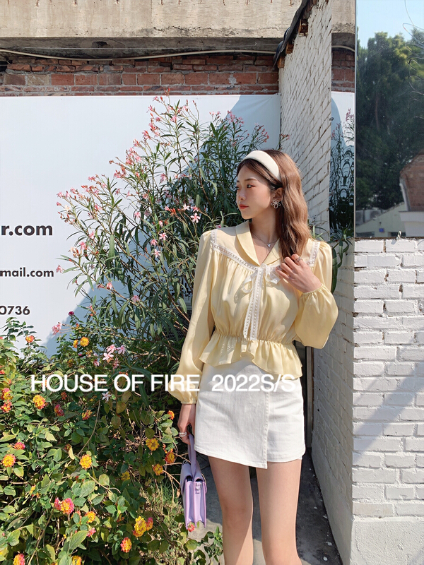 Original price 94.99! New year in early spring! [huohuohuo hoodress] Korean fashion temperament splicing lace shirt 22064# ozq