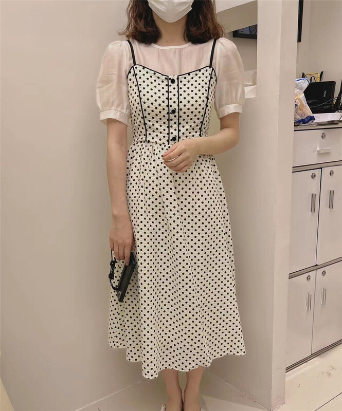 [Taotao family] Korean fake two-piece wave dot printing sweet dress 3570# lwy