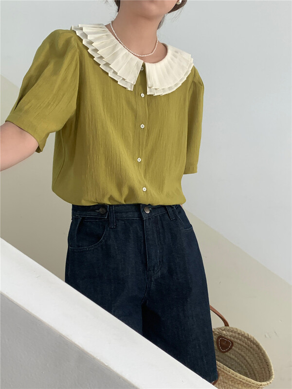 [feeding] Korean color matching lotus leaf collar button up shirt 3381-j6# cqw