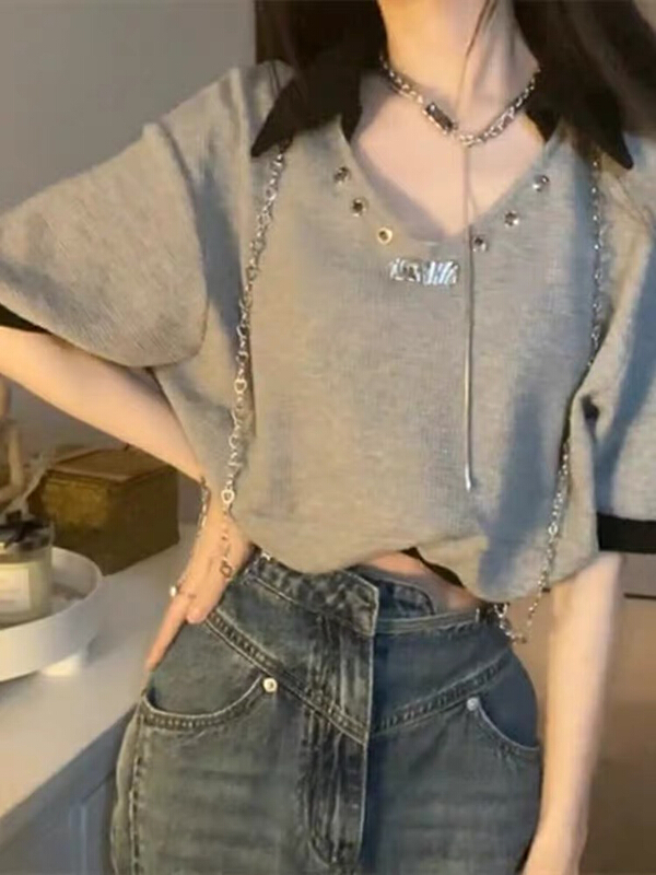 [jun.t] design sense niche chain hot girl slim sweater (with detachable chain) 5965# PCZ