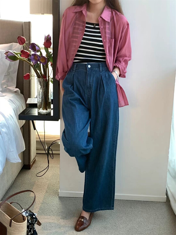 [Sicily] back elastic waist straight tube summer thin jeans 99013# XJ