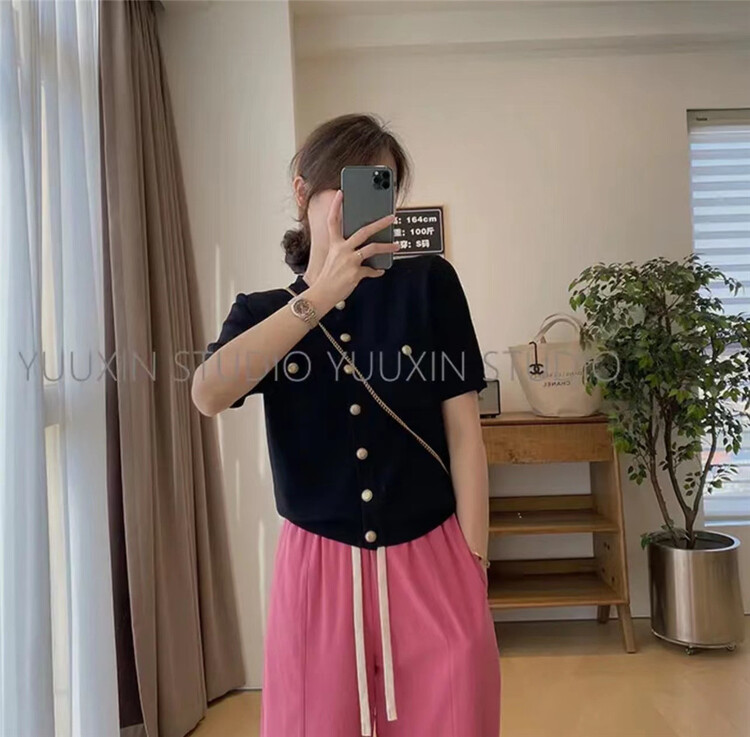 [Ling nonos] small fragrance temperament double pocket knitted cardigan 590005# CSX