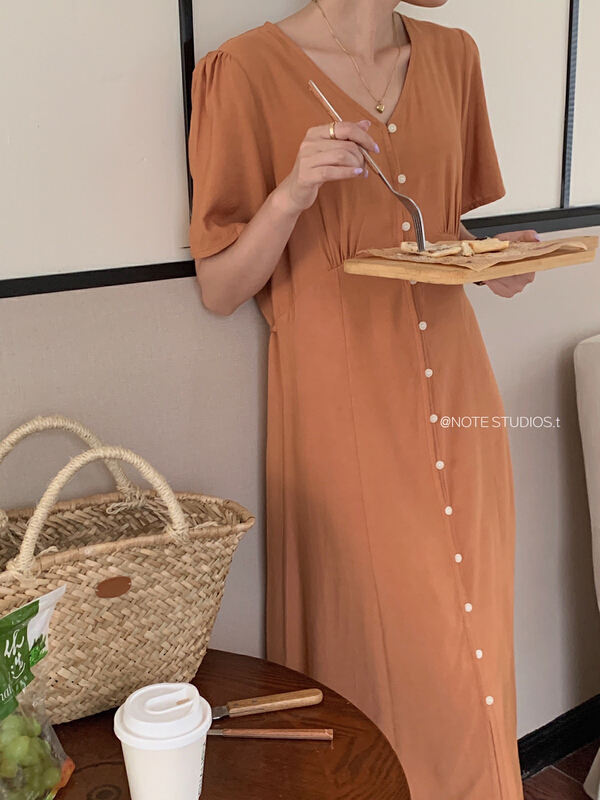 [note] V-neck solid color temperament simple dress 22501# HBx