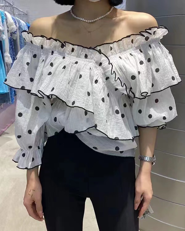 "Gu Mi" Fashion Lady Polka Dot Shoulder chiffon Shirt 1031# WPL