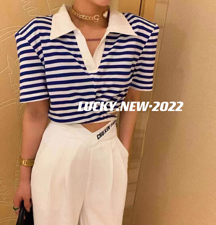 New in early summer! [lucky] Korean stripe short shirt 8706# zxx