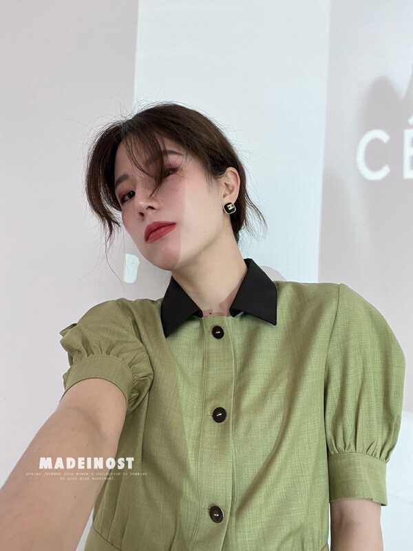 goods in stock! New in early summer! [OSHA madeinost] Vintage contrast collar bubble sleeve shirt 86261# ll