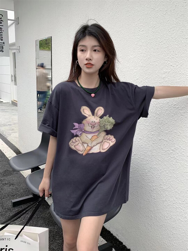 New in early summer! [eleven] versatile round neck rabbit print short sleeve T-shirt 9059# lwy