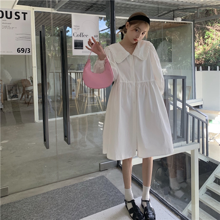 New year in early spring! [timely rain] Han Feng ins gentle and sweet fungus edge Lapel single breasted thin shirt dress 5402# jhy