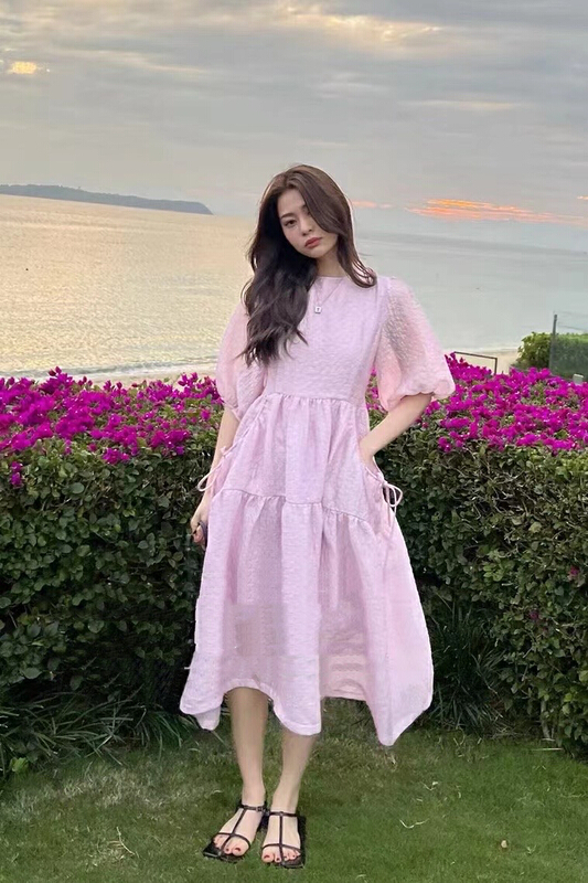 [JH] net red Xiaoxiang Lantern Sleeve lace up dress 41726# PCZ