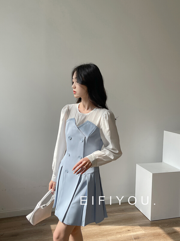 [EI fi you] double breasted fake two piece contrast dress 1938# LSL