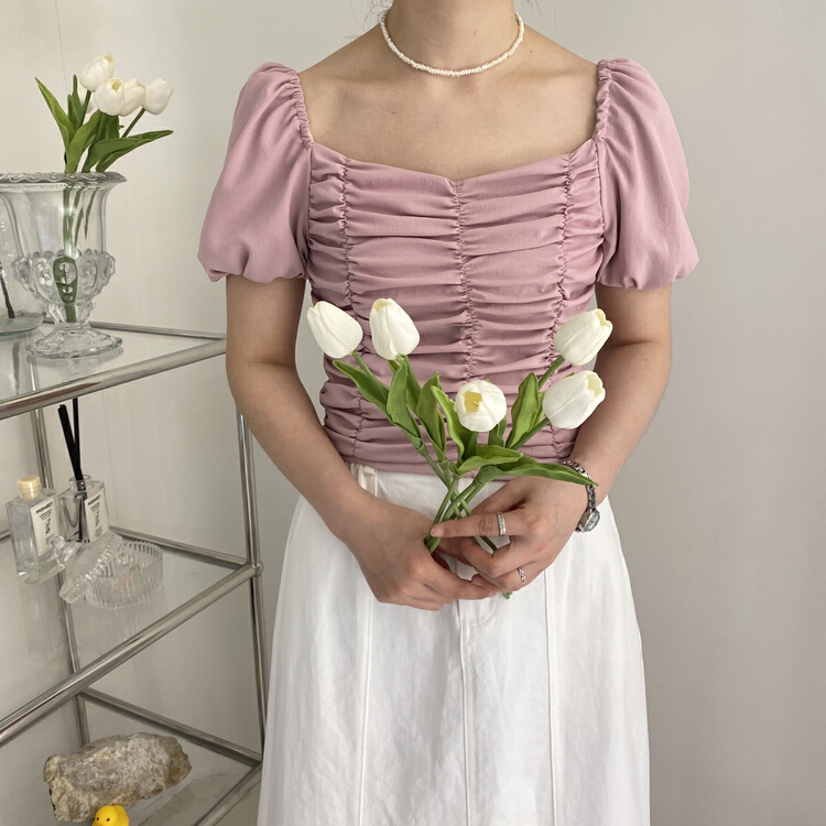 New in early summer! [purple potato home] slim and versatile square neck wrinkled blouse 3355# HBx