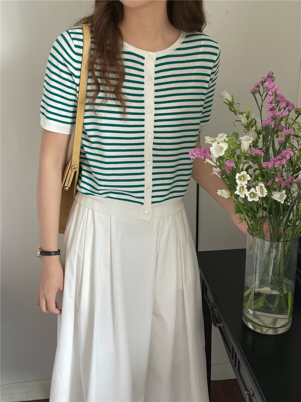 [feeding] Korean stripe round neck short sleeve knitted cardigan ys2-637\cqw