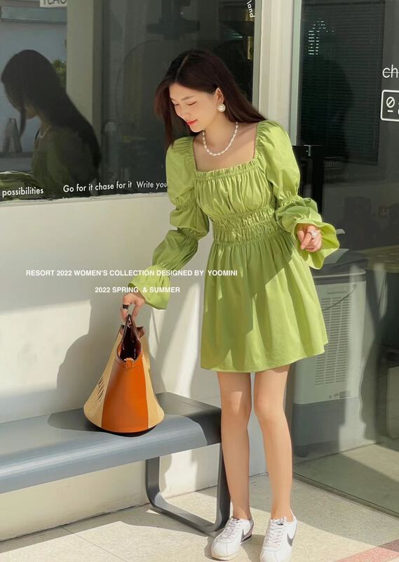 goods in stock! [yoomini] Korean version waist closing square neck dress c12657# WPL