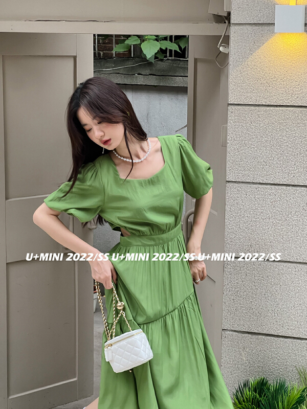 [U + Mini] hot girl hollow out bubble sleeve A-shaped waist slim dress (only dresses) d0665# WPL