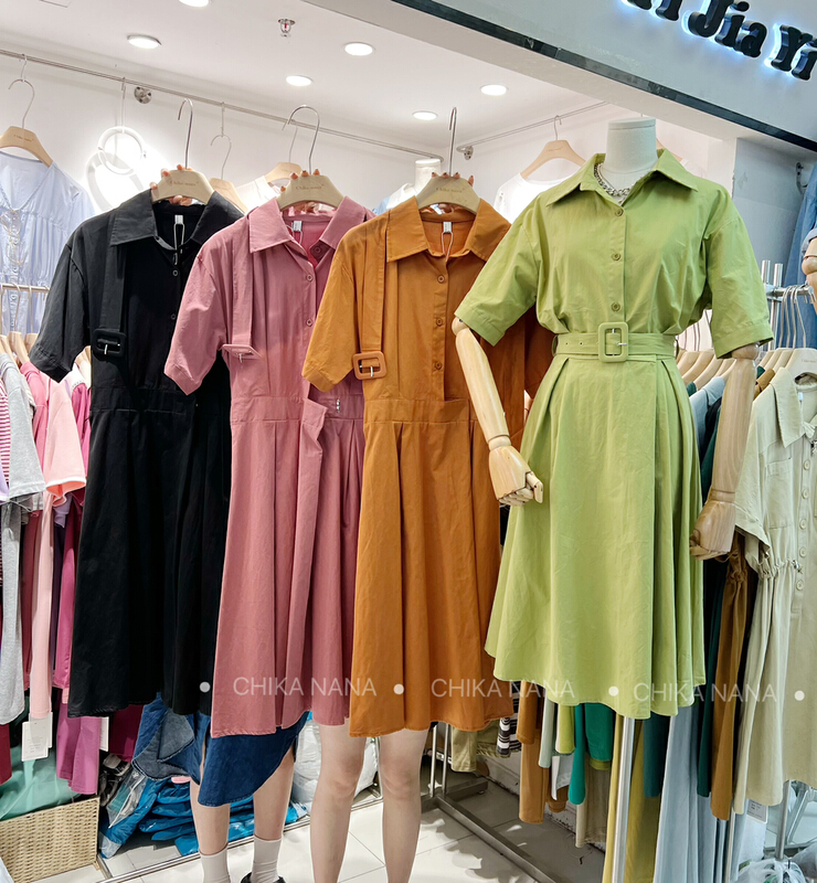 [Chika. Nana] Korean solid color slim waist band dress (with belt) 3290# cqw