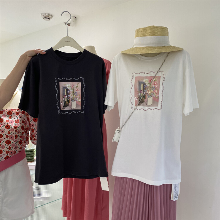 [nimill] Korean casual printed round neck short sleeve T-shirt 2022# hjy