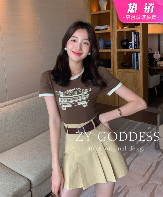 [ZY] round neck contrast retro car short sleeve T-shirt 68335# ozq