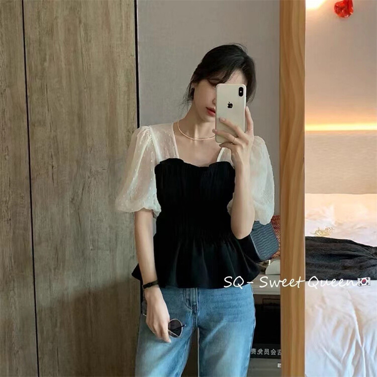 New in early summer! [sq] French temperament color blocking Square Neck Shirt 8892# zxx