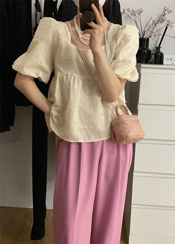 [hi] Korean version sweet imitation pearl bubble sleeve shirt 7560# hjy
