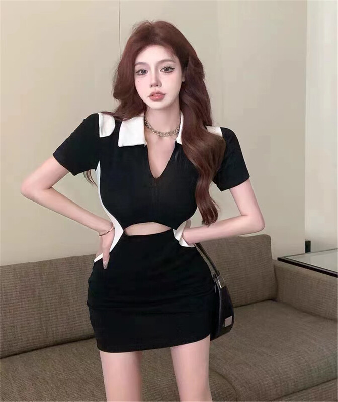 [top] Spice Girl contrast color stitching waist free dress b82# ZSY