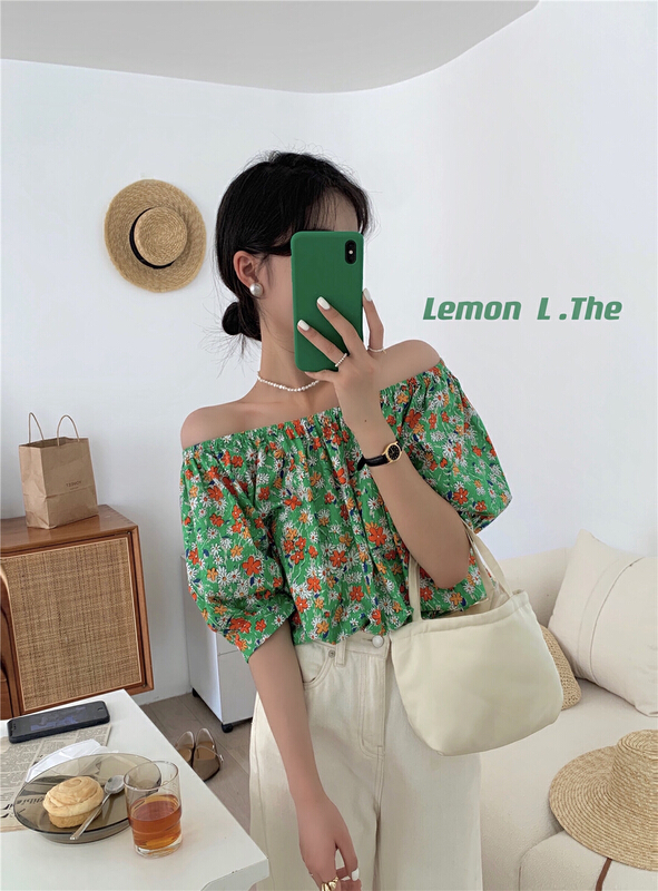 [lemon green tea] shoulder Style Floral blouse 2099# hjy