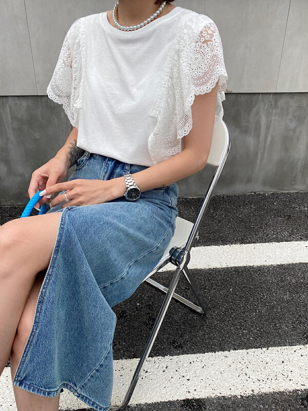 New in early summer! [Za] lace flying sleeve splicing round neck short sleeve T-shirt 18313# LSL