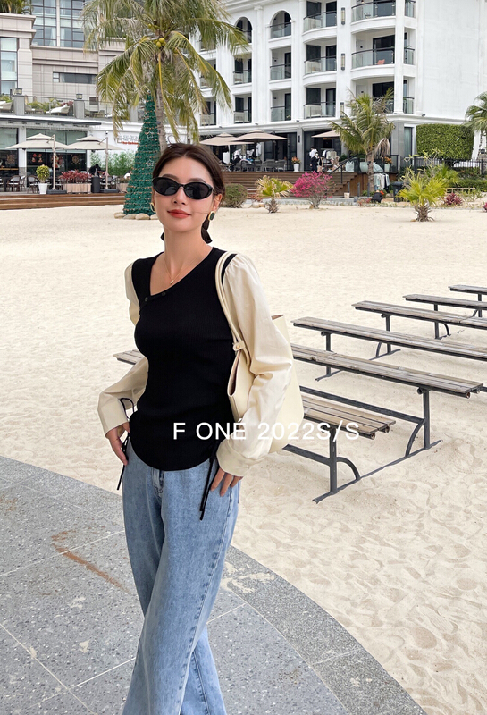 New year in early spring! [f one] Korean style slim fitting drawstring knitted splicing shirt 56067# jhy
