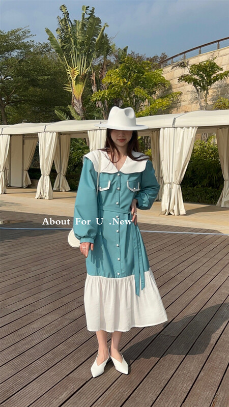 New year in early spring! [about for u] fashion Navy collar single breasted loose dress (with belt) 66035# lwy