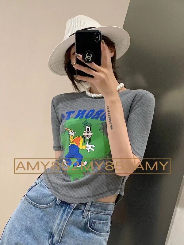 [Amy] cartoon goofy shoulder pad elastic short sleeve T-shirt 852# WTT