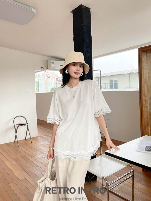 [Rin] simple hollow out lace splicing short sleeve T-shirt r21139# cqw