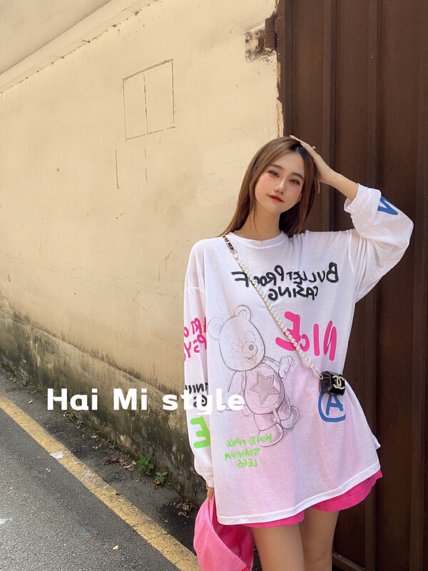 [Haimi] Korean fashion letter printing hot drill bear sunscreen shirt 1813# WTT