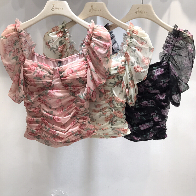 [Danling] rose flower elastic mesh bubble breast cushion blouse 1061# PCZ