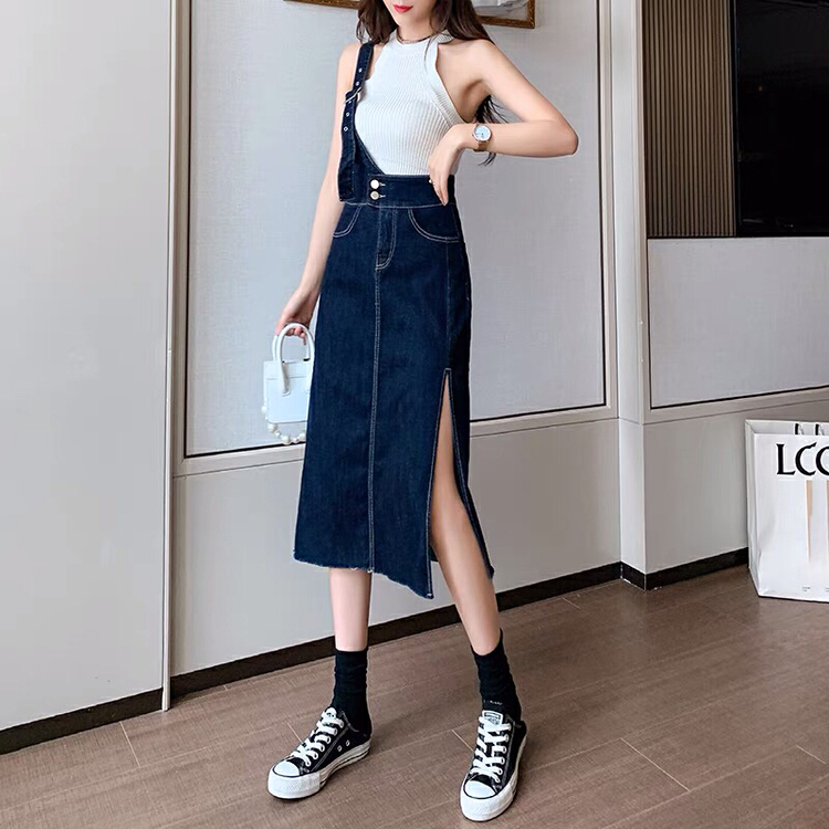 [lsjd] Korean personalized slit denim strap skirt mt6953# WTT