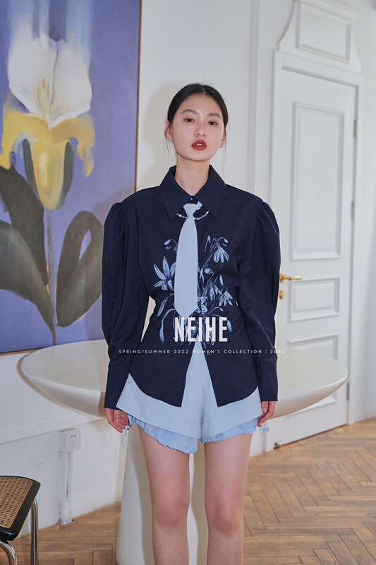 goods in stock! New year in early spring! [neihe] Vintage waist Print Shirt (with tie) 22022# zxx
