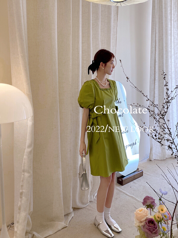 [chocolate] Korean bubble sleeve lace up bow dress (with belt) 28076# ll