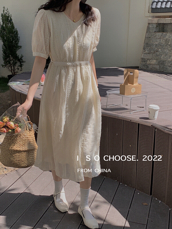 [ISO Korean] Crocheted V-neck waist closing age reducing dress (with waist rope) 66016# hjy
