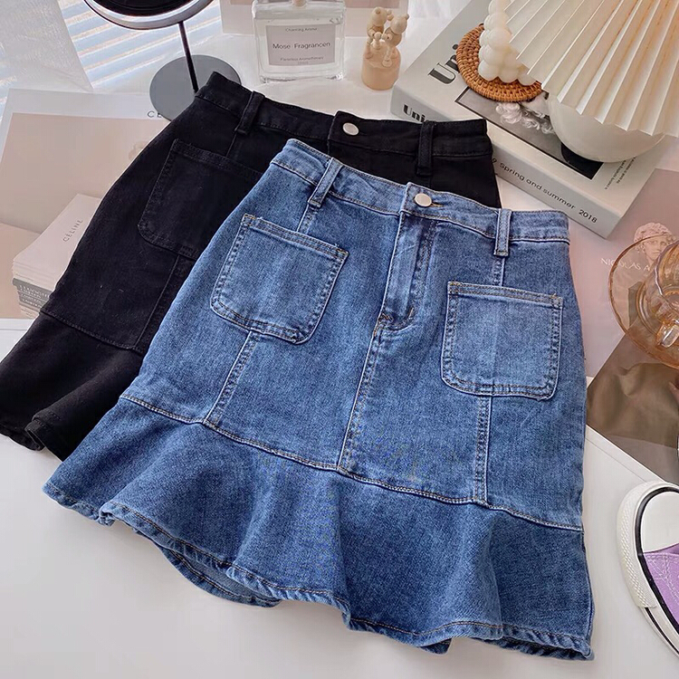 New year in early spring! [yuan. Shang] high waist denim design, ruffle edge, slim skirt 6168-1# JJ