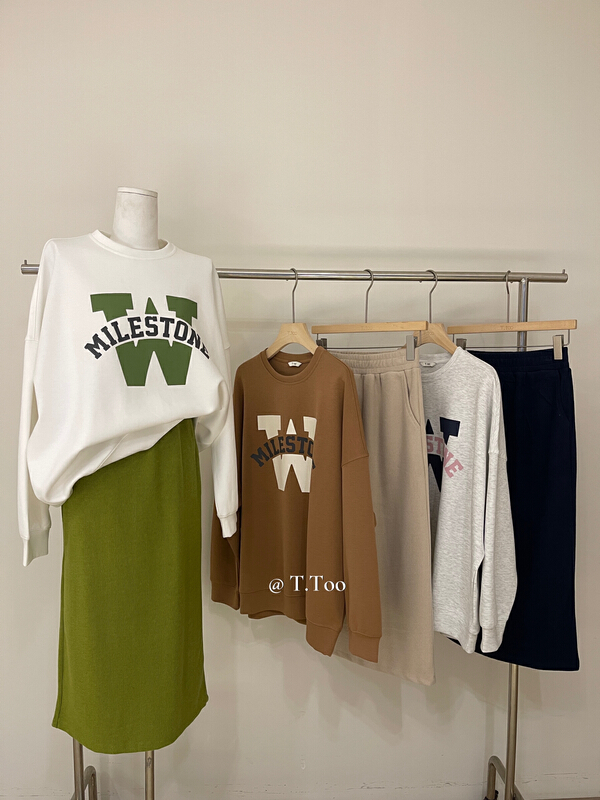 [t-too] letter round neck sweater + elastic waist skirt set 883903# LSL