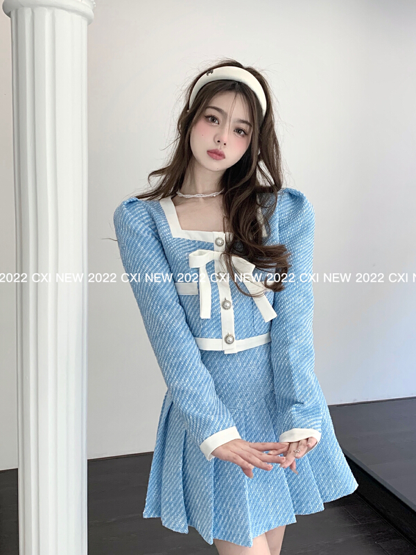 New year in early spring! [CXI] small shirt, small fragrance, celebrity color contrast + pleated slim Skirt Set (with Brooch) a9020# WPL
